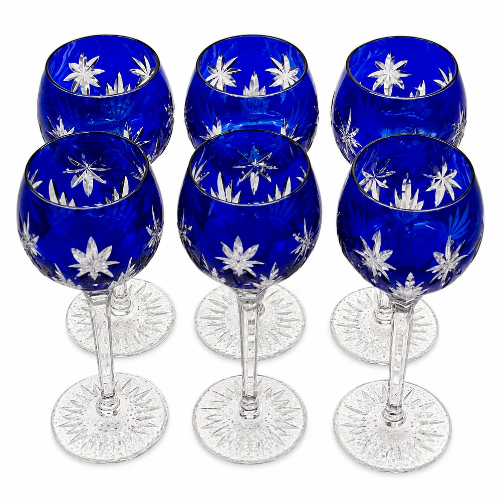 Set of 6 Horst Belda Stars of Midnight Cobalt Blue Cut Crystal Wine Glasses